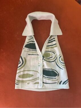 Sleeveless Collared Knit Crop Tank w Retro Green Print - Excellent Condition